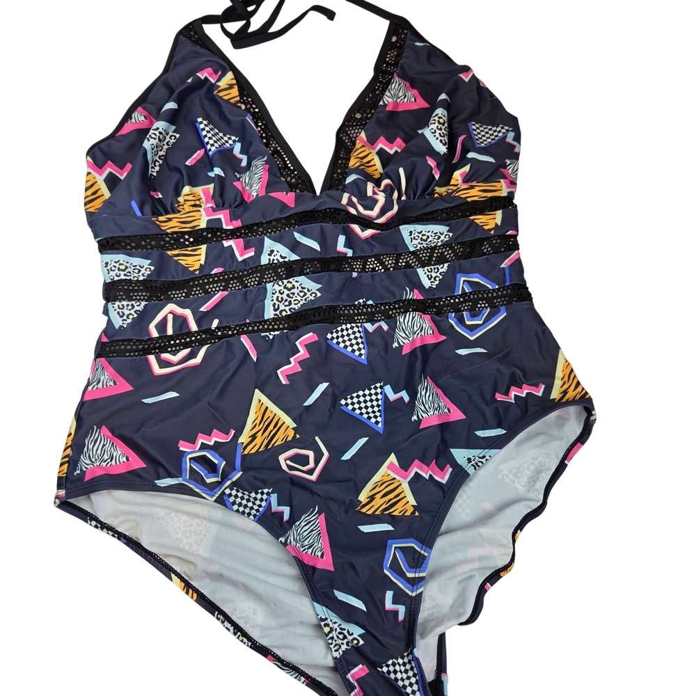 Geo Halter‎ One Piece Women XXL Black Retro Mesh Cutout 80s 90s Resortwear 498